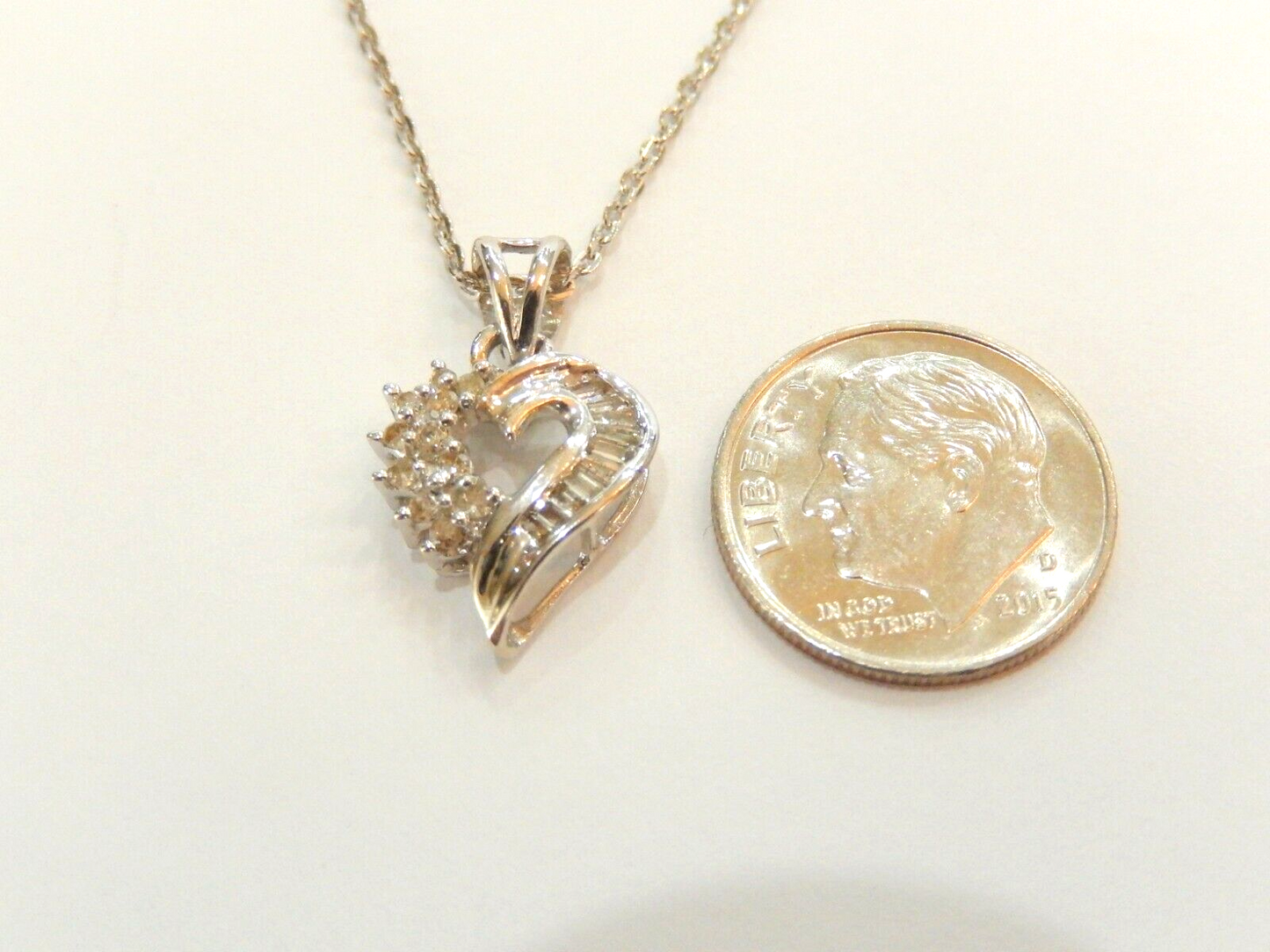 *NWT* 10k White Gold  .25 Ct. Baguette Natural Diamond Heart Pendant w/18"Chain