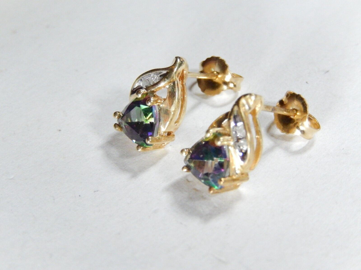 *VINTAGE*  10k Yellow Gold Trillion  Mystic Topaz and Diamond Stud Earrings