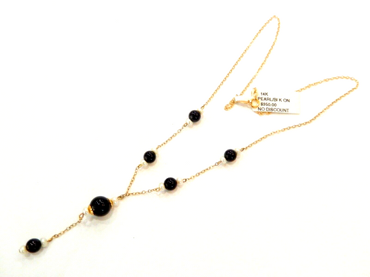 14k Yellow Gold, Black Onyx and Pearl Dangling Drop Necklace 16"
