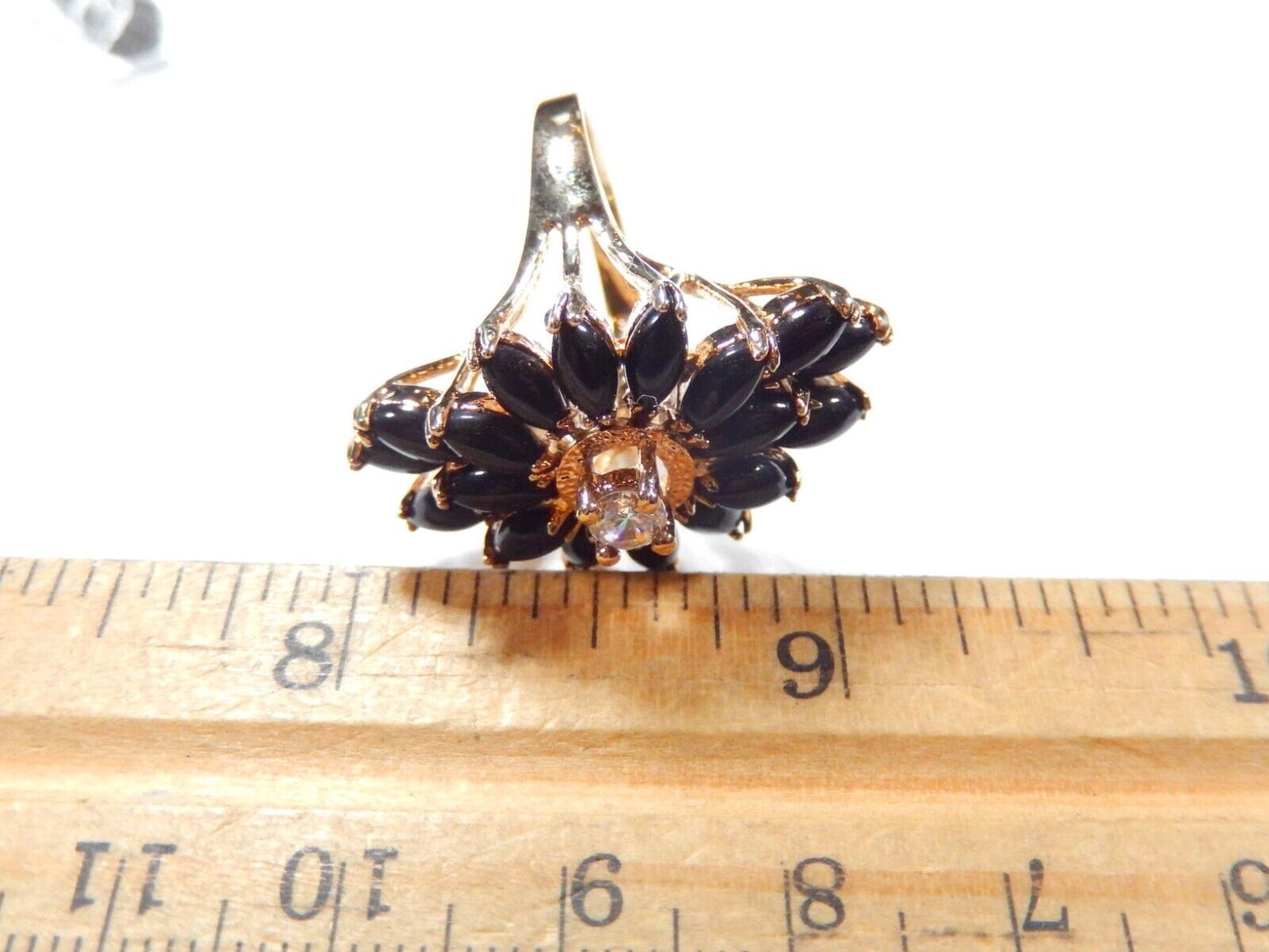 *VINTAGE*   STATEMENT RING - Gold Vermeil Sterling Marquise Onyx & Cz Size 7.5