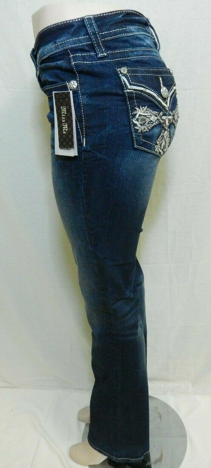 NWT  Miss Me M3295B Chloe Boot Embroidered Cross Pocket Jeans Size W25 x L34"