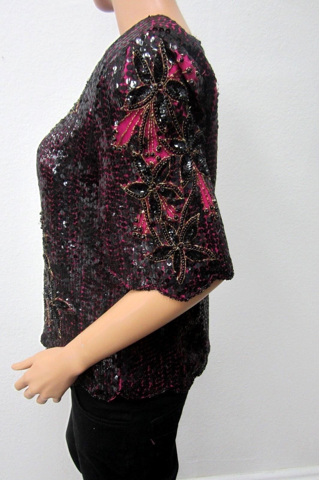 *NICE* Vintage Scala Silk Heavy Beaded Sequin Multi-Colored Lined Top Size Small