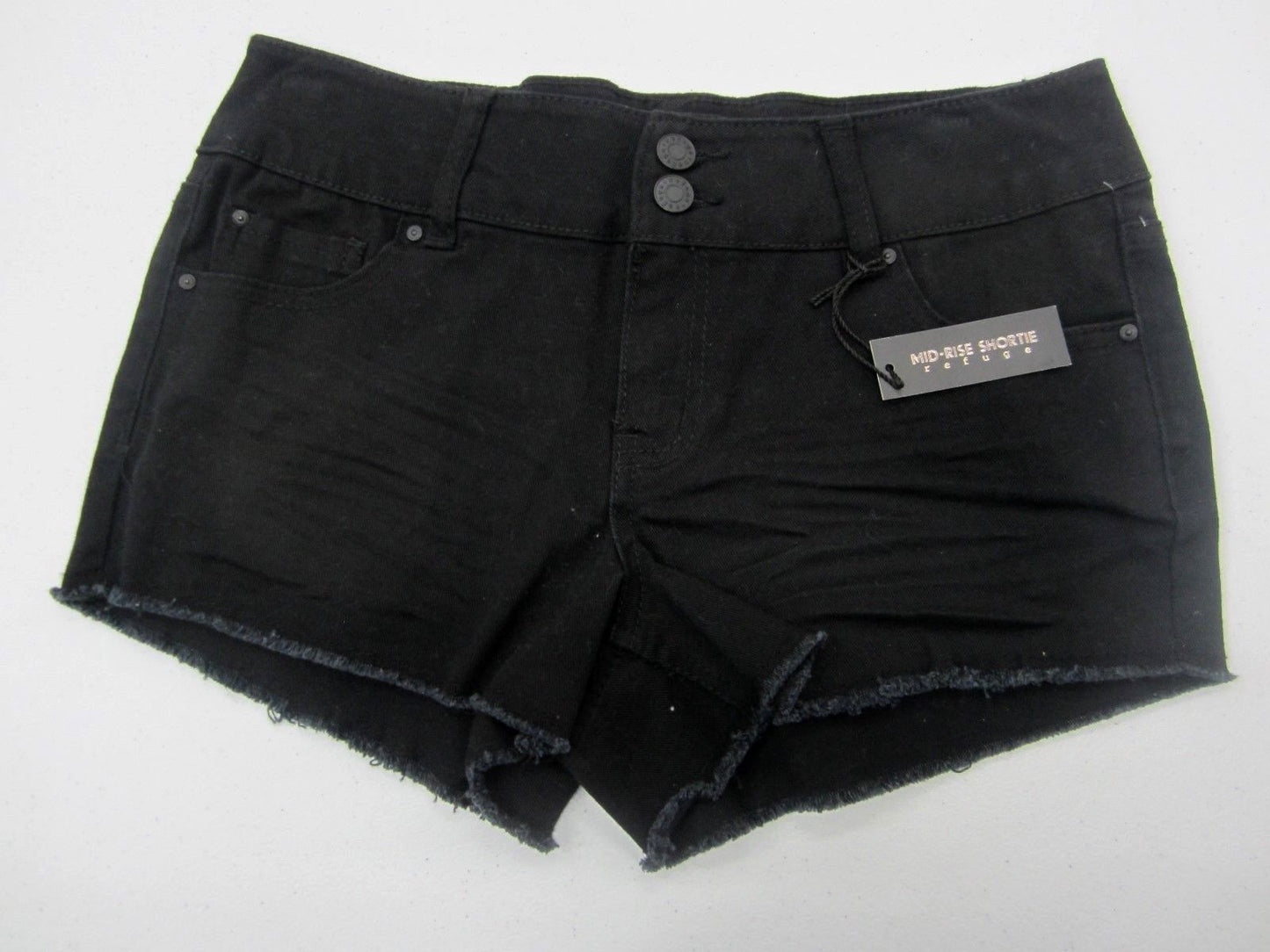 NWT Refuge Denim Mid Rise Shortie Shorts Black Fringe Hem Size 2 x 2"L
