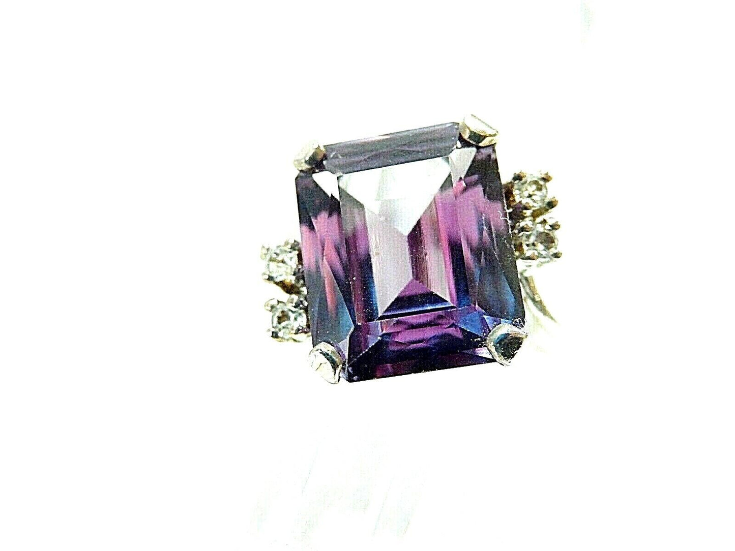 *VINTAGE* Solid 10K White Gold  5ct Amethyst & Diamonds Ladies Fine Ring Sz 7.5