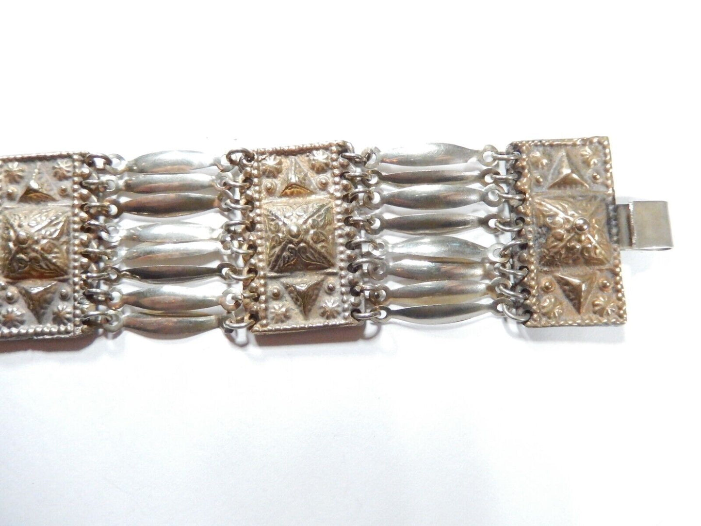 *VINTAGE*  BRASS & SILVER REPOUSSÉ PANEL LINK MEXICO BRACELET 1-3/8" x 7.5"