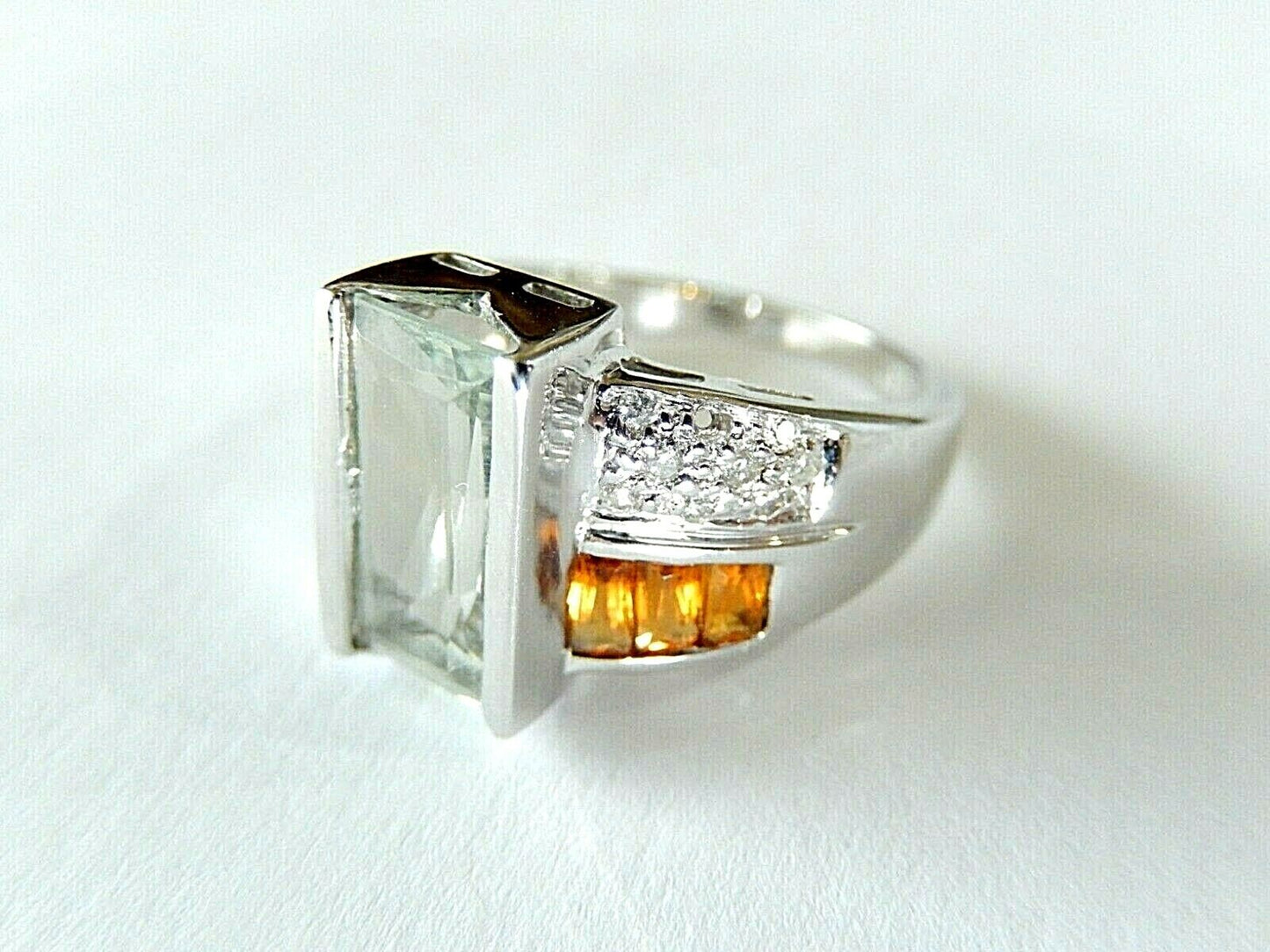 *VINTAGE* 14k Yellow Gold 3.50 CT Aquamarine / Citrine / Diamond SNB Design Ring