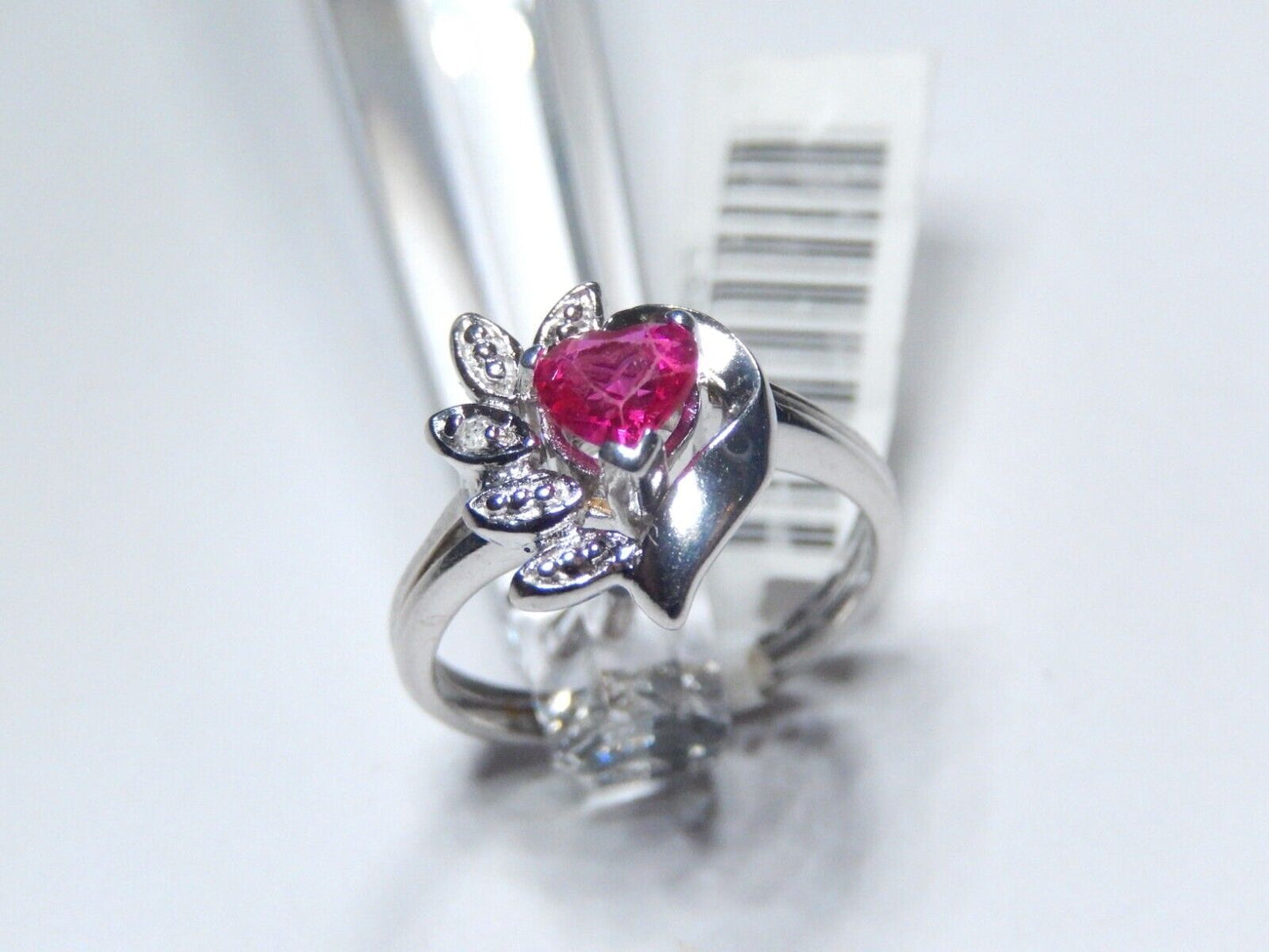 *NWT* 10K White Gold Heart Lab Created Ruby & Natural Diamond Ring Sz 5.5