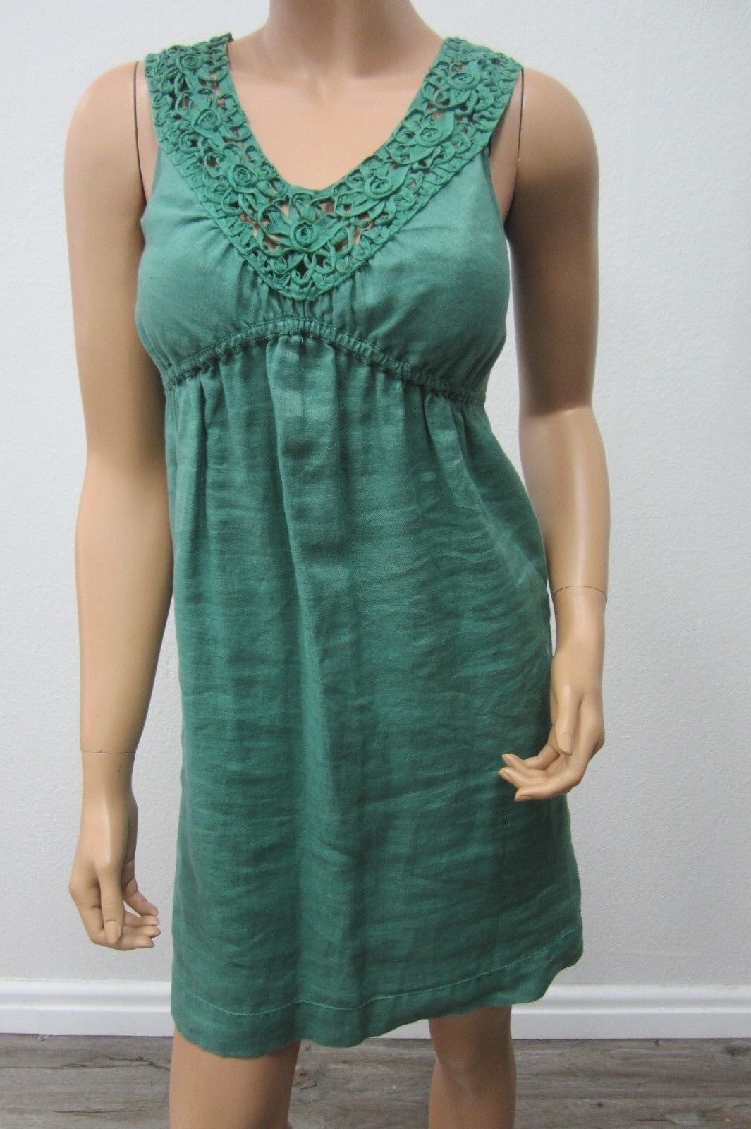 *NICE*  MSSP Max Studio Soutache Neck Empire Waist Linen Sundress Green Sz Small