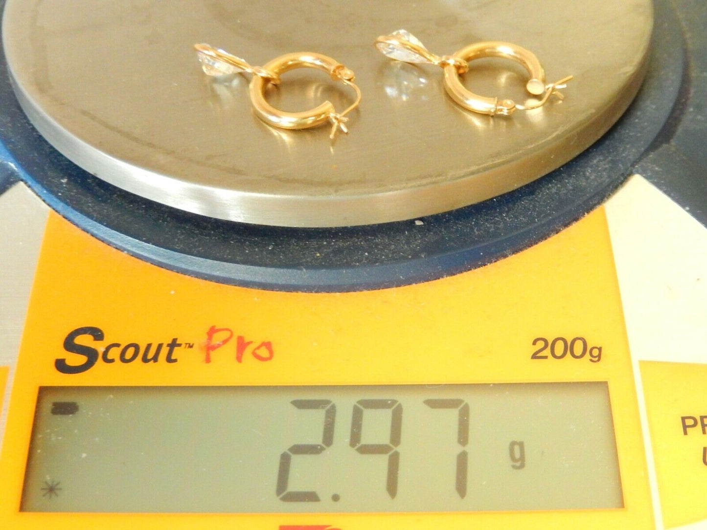 14K Yellow Gold Round Hoop Earrings With 3CT TW Dangling Pear CZ - Gorgeous -