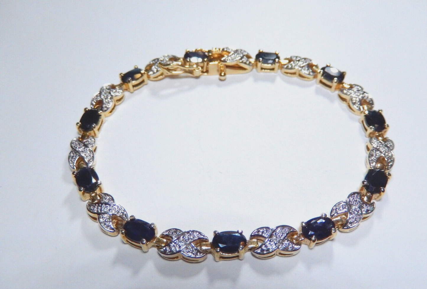 *VINTAGE*    Gold Plated Genuine Oval Sapphire & Diamond 7" X Link Bracelet