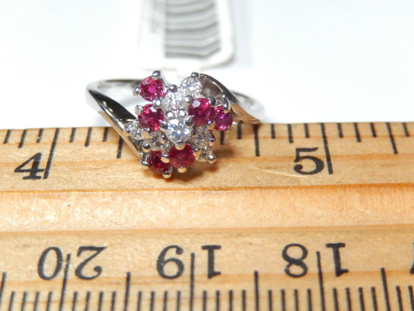 *NWT*  14K White Gold VS Diamond and Ruby Cluster Ring, Size 4.5
