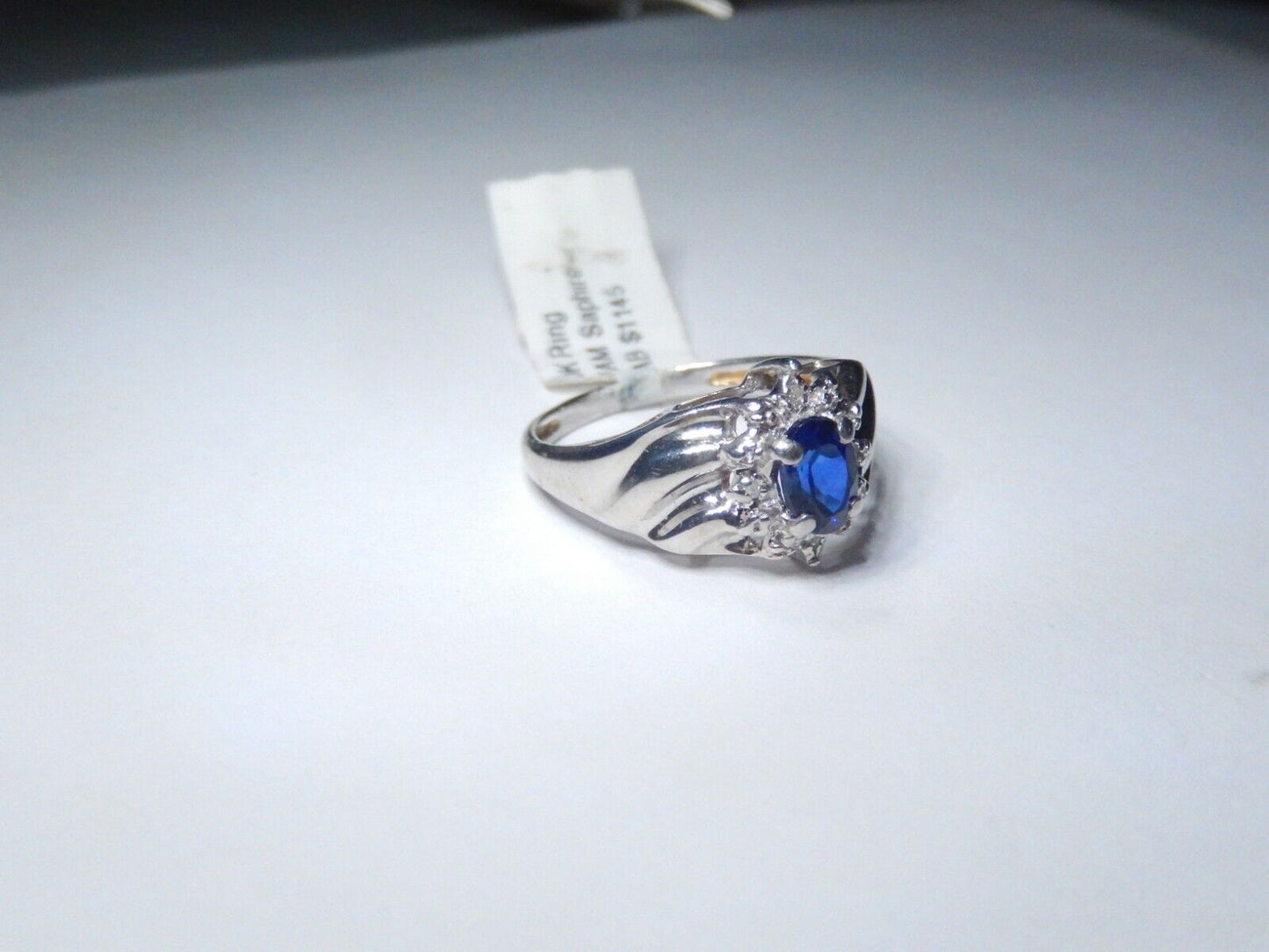 *NWT* 10k White Gold Lab Created Oval Sapphire and Diamond Halo Ring Sz 6.5