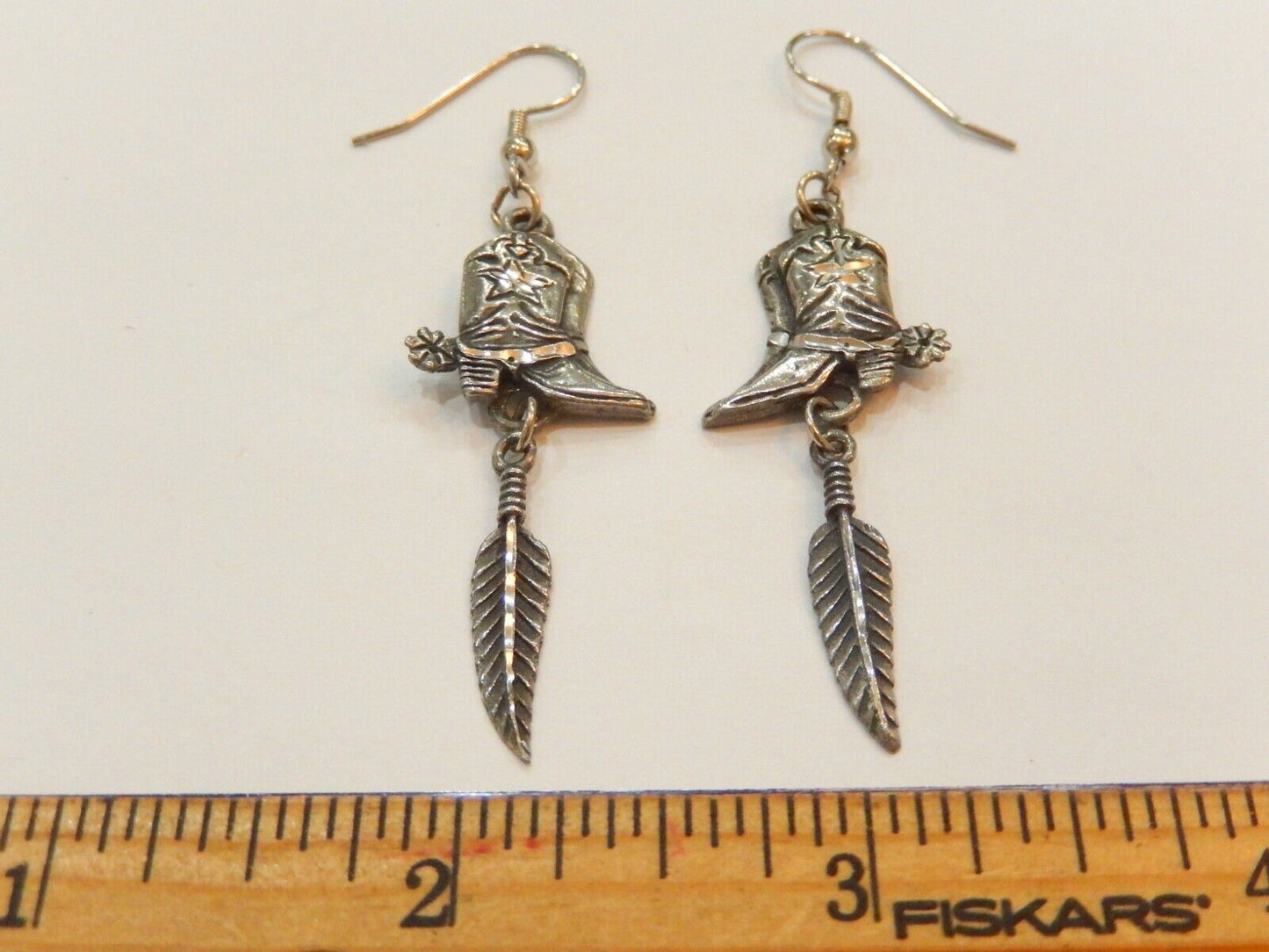 *VINTAGE* Cowboy Boot & Feather Dangle Earrings Sterling Silver 1.75"