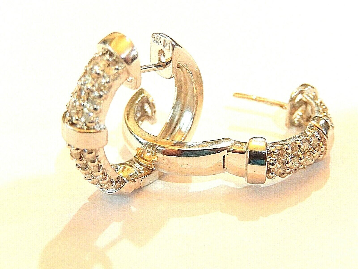 *VINTAGE* 14KT WHITE GOLD  1CT  DIAMONDS HINGED HOOP EARRINGS  20mm x 19mm