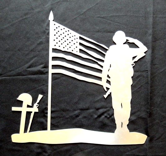 ~NEW~ LARGE - 14ga. "SOLDIER SALUTING AMERICAN FLAG" Metal Wall Art  18" x 18"