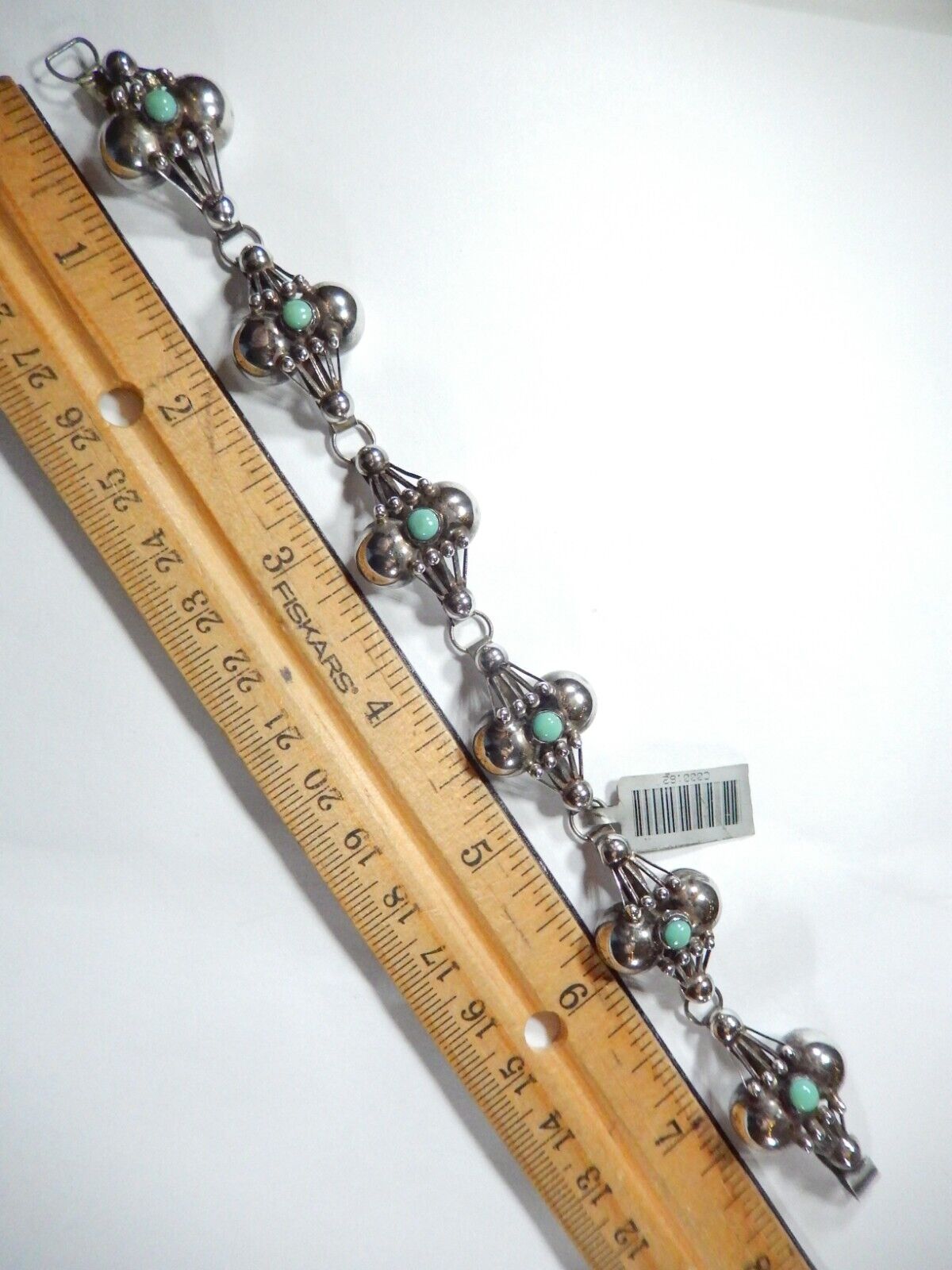 *VINTAGE Mexico FSS Sterling Silver Turquoise Ball Bead Design Link Bracelet 8”