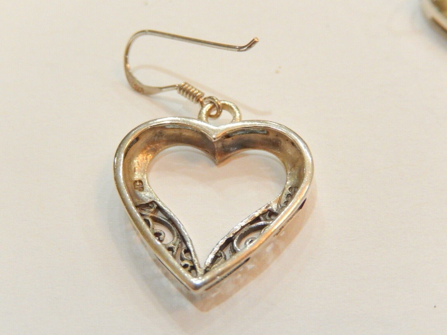 Sterling Silver  Filigree Heart Dangle Earrings 7/8" x 3/4"