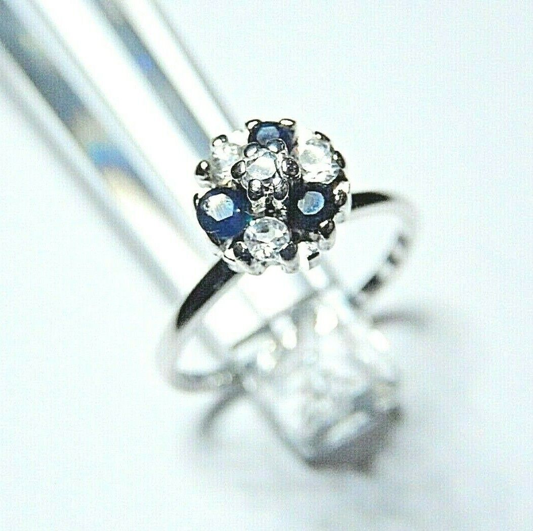 *NEW* 10k White Gold Three Sapphire And Four Diamond Ring Size 4.75