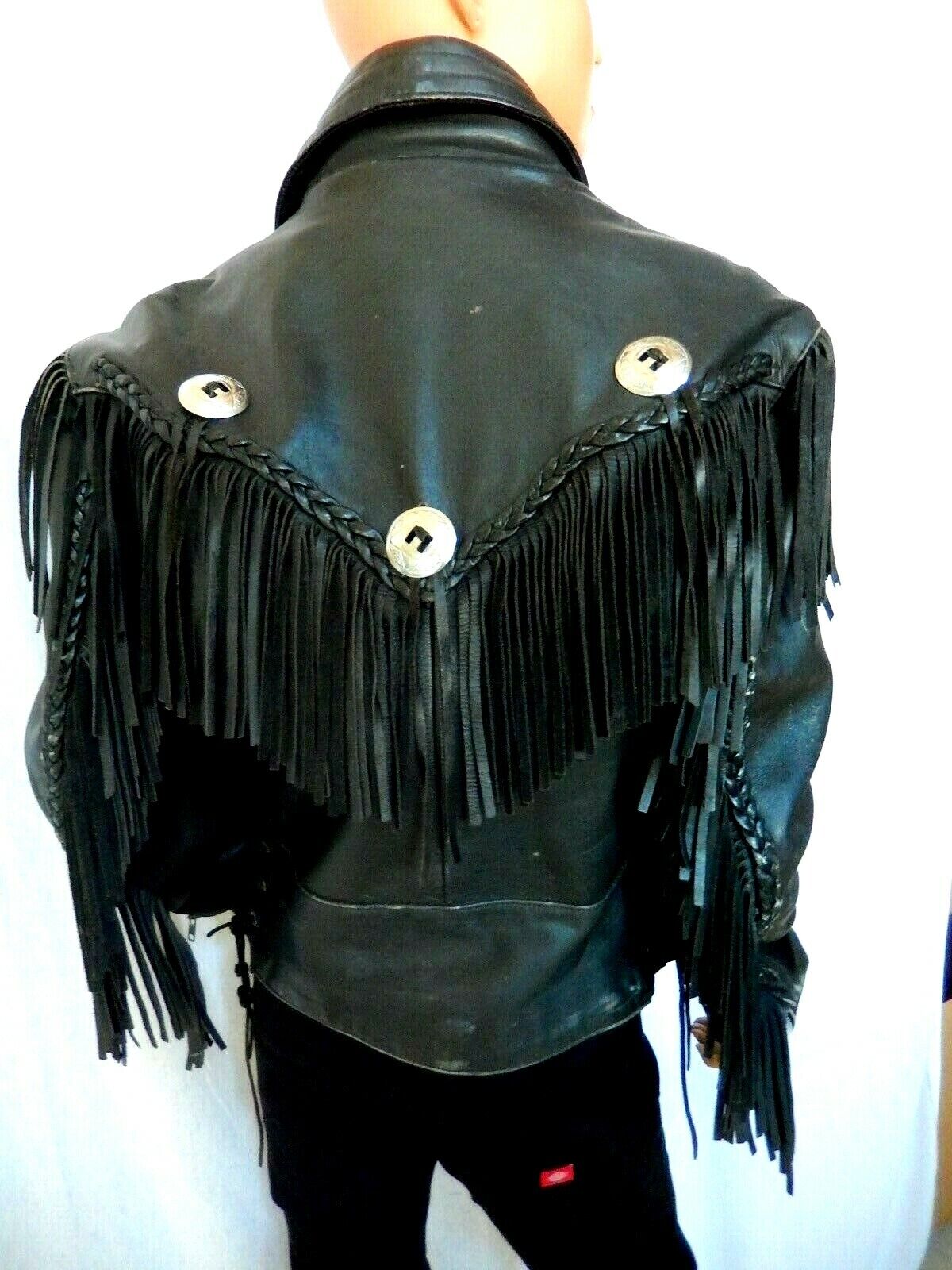 *VINTAGE* Mens Biker Motorcycle Black Heavy Leather Insulated Fringe Jacket Sz S