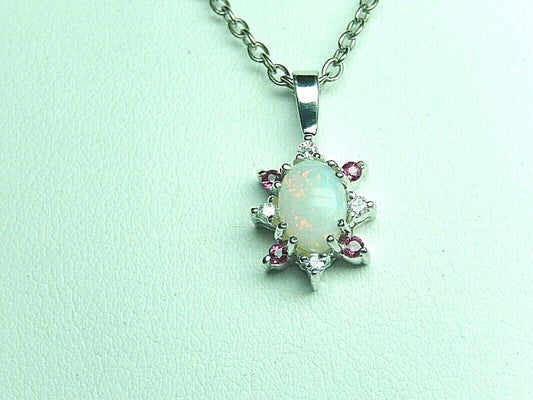 *NWT*  10K White Gold Opal & Halo Ruby & Diamond Pendant Necklace w/18" Chain