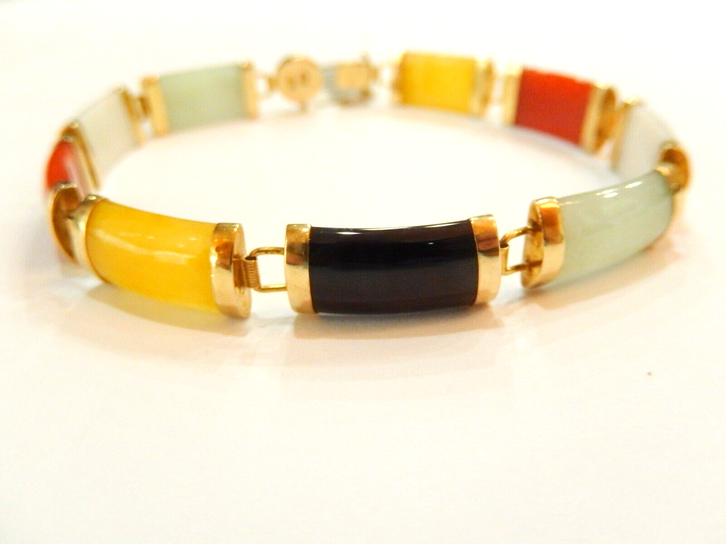 10K Yellow Gold Multi-Color Jade 8.5 MM Wide Capped Bar Link Bracelet 7.5 Inch