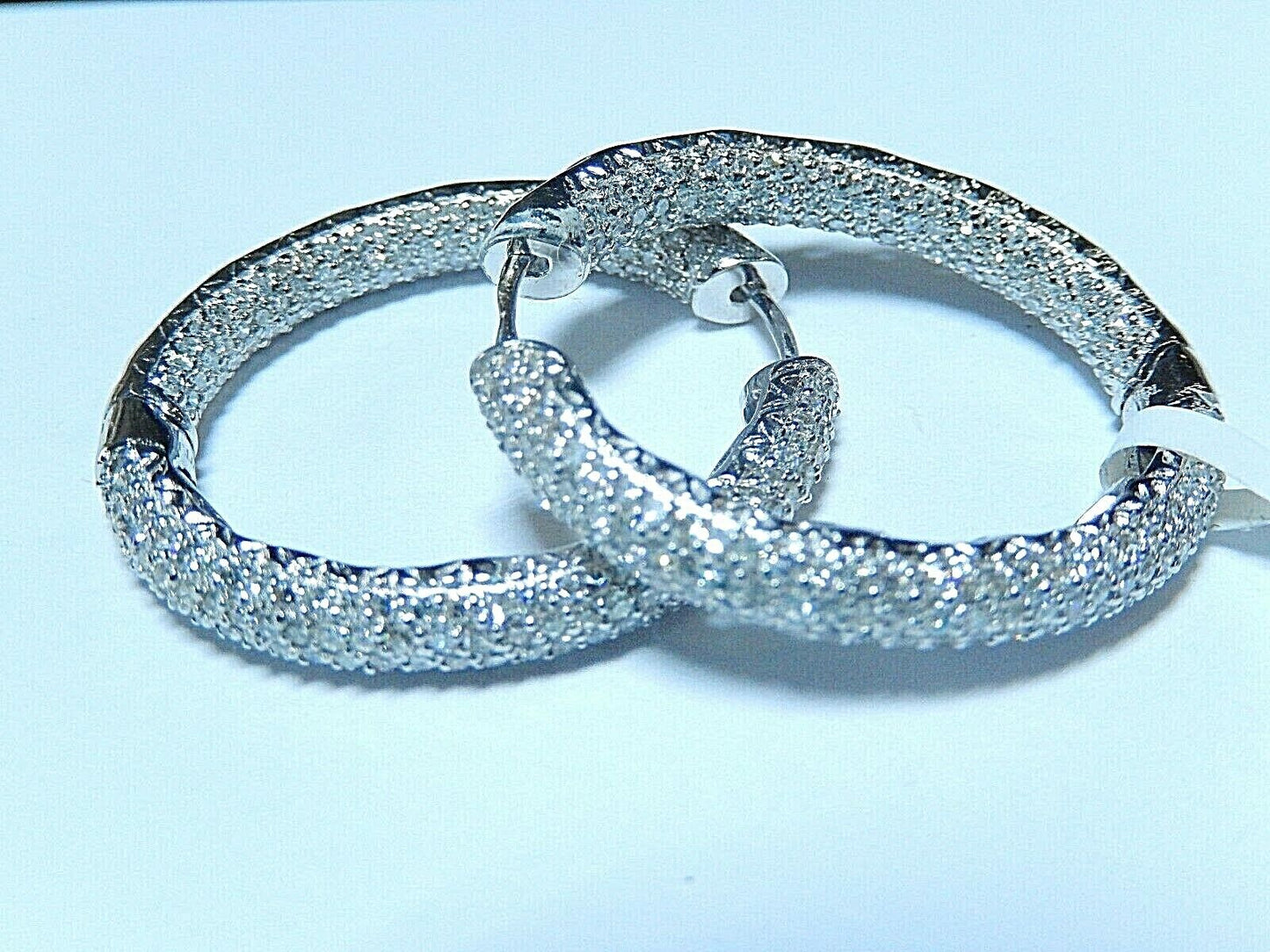 New Large 14k WG 2.25tcw Natural Diamond Inside/Outside Hoop Earrings 1 1/8"