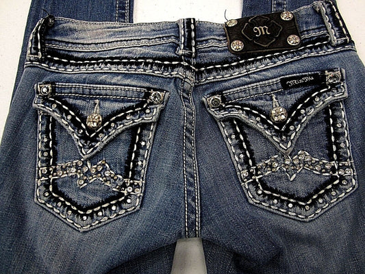 Miss Me Skinny Blue Jeans JE1052SR Embroidered Bejewelled Thick Stitch Sz 25x31