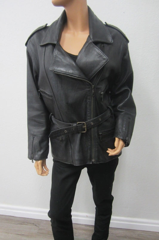 *VINTAGE* Mint JF Collection  Biker Heavy Black LeatherJacket Zip Sleeves M