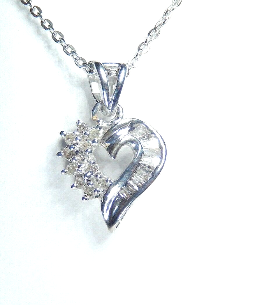 10K White Gold  .25ct Natural Round & Baguette Diamond Heart Pendant w/18" Chain