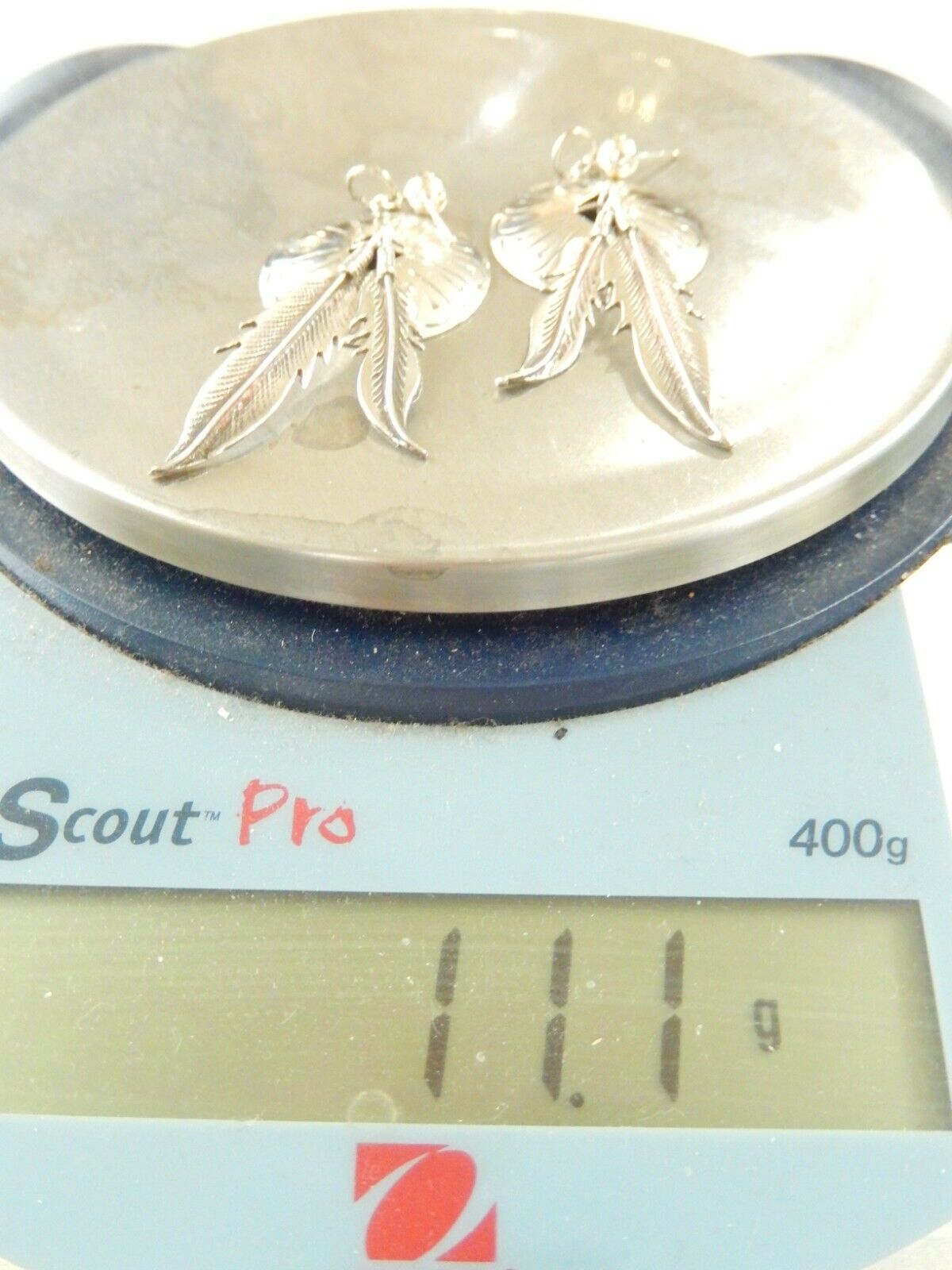 *VINTAGE* Native American Sterling  Concho Pierced Feather Dangle Earrings 2 5/8