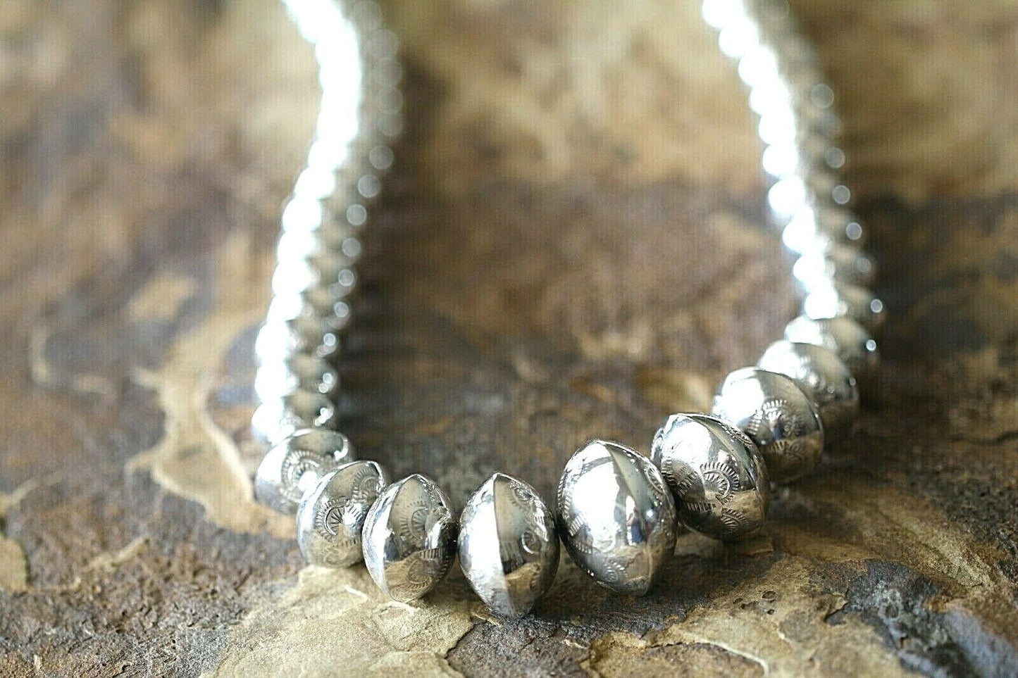 24mm Hand Stamp Bench Navajo Pearls Graduated Sterling Silver Bead Necklace 28"