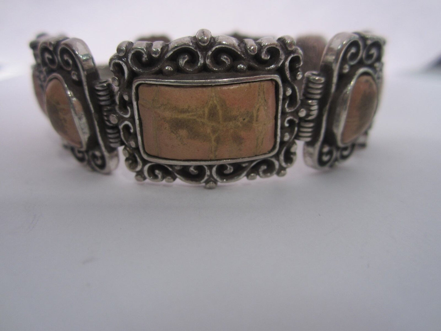 RETIRED Brighton Wide Victorian Style Gemstone & Silver Link Bracelet 7/8" Wide