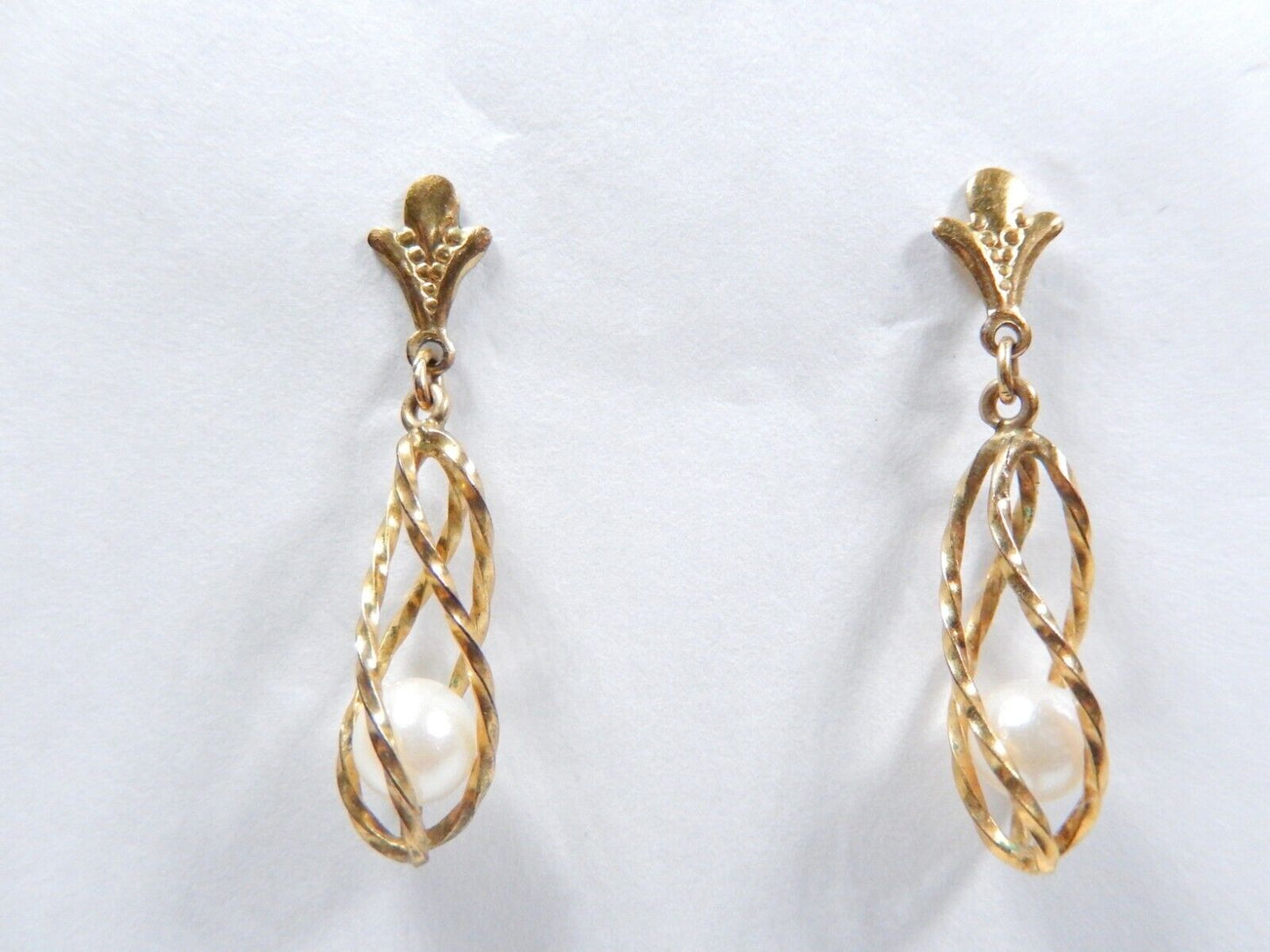 *VINTAGE* 14K Solid Yellow Gold Twisted Drop Dangle Cultured Pearl 5mm  Earrings