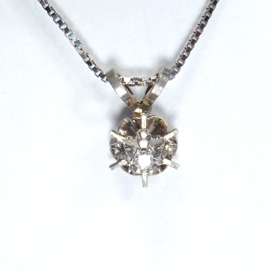 *VINTAGE*-14k White Gold Natural Diamond Solitaire Buttercup Pendant w/18" Chain