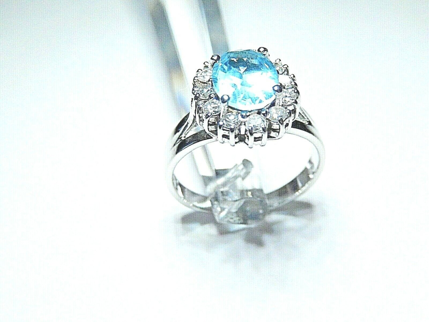 *VINTAGE* 14K White Gold 3.00CT Oval Swiss Blue Topaz & Diamond Halo Ring Sz 8.5