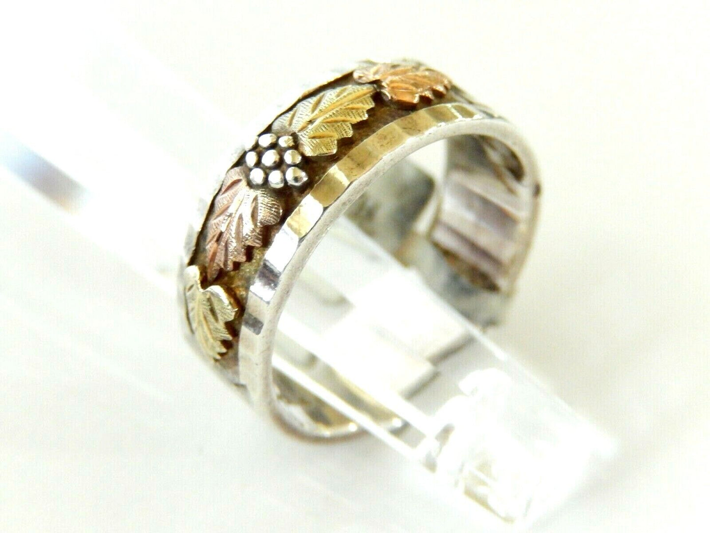 *VINTAGE*  8mm Wide 925 Sterling & 10k Yellow & Rose Gold Leaves Ring Size 10.5
