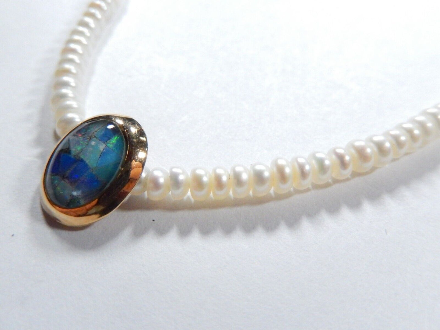 *VINTAGE* 14K Yellow Gold Mosaic Opal Triplet Pendant /18" Button Pearl Necklace