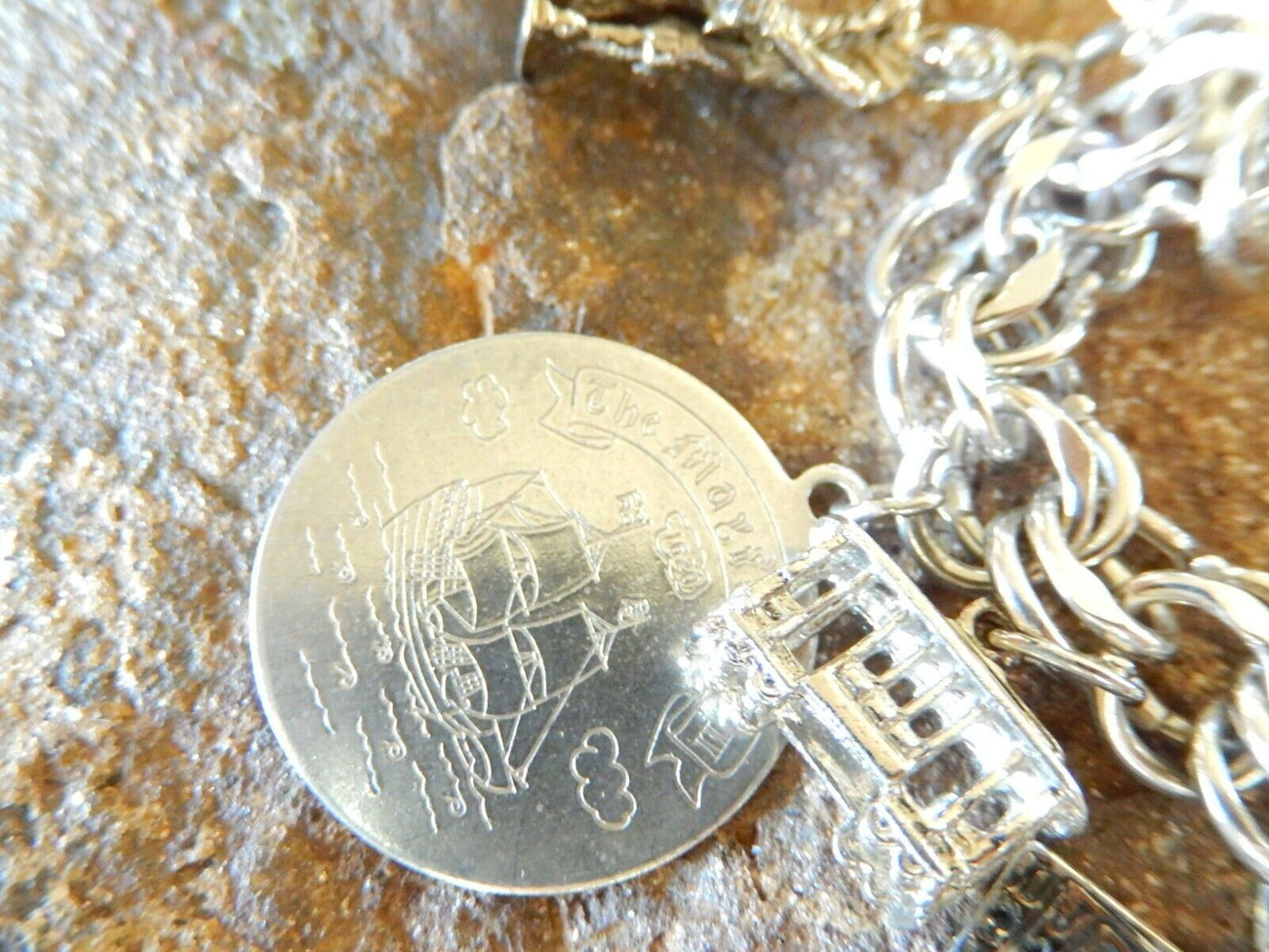*VINTAGE *  JB Sterling Silver Heavy Dbl Link Charm Bracelet & 14 Mixed Charms
