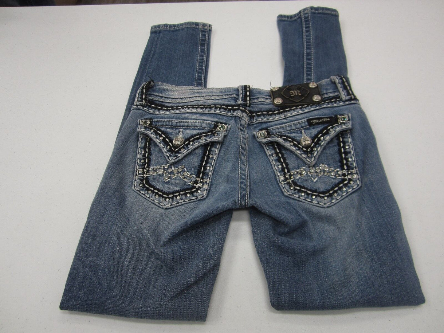 Miss Me Skinny Blue Jeans JE1052SR Embroidered Bejewelled Thick Stitch Sz 25x31