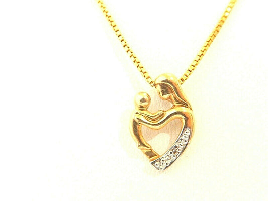 *VINTAGE* 10K YELLOW GOLD MOTHER AND CHILD DIAMOND ACCENT PENDANT w/18" Chain