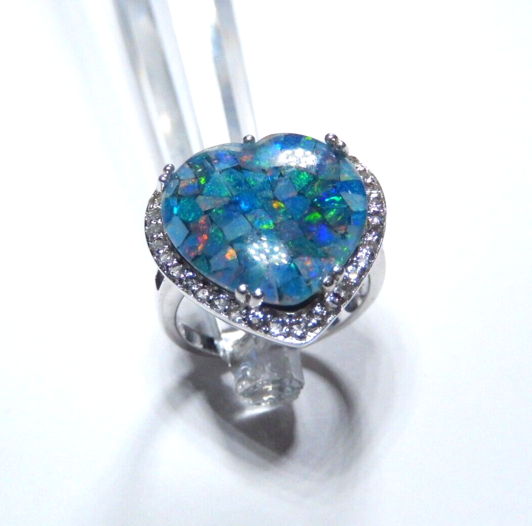 LARGE Blue  Opal Inlay and cz  Heart Ring Sterling Silver 925, size 8