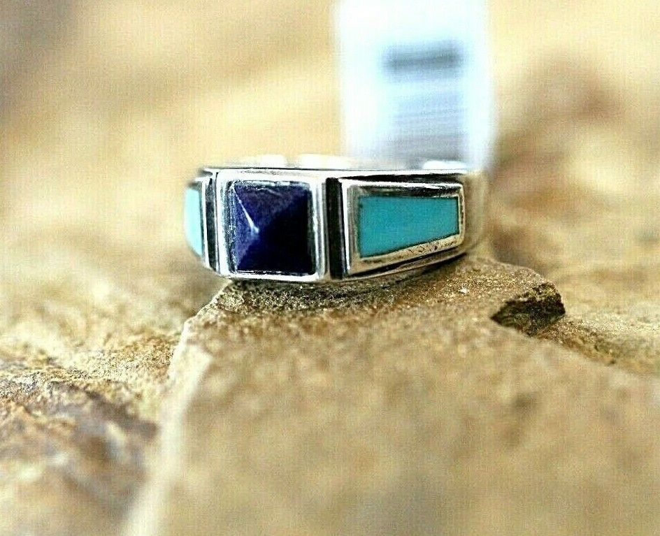 *VINTAGE* 925 Sterling Southwest Style Turquoise & Lapis Handmade Ring Size 8.5