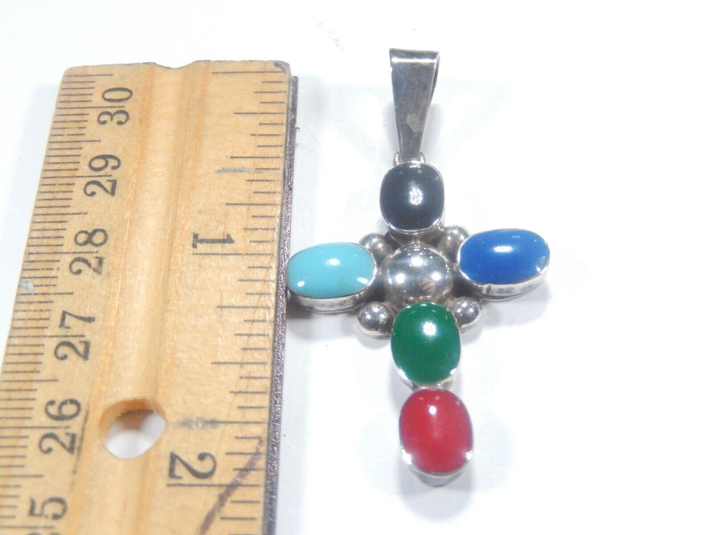 *VINTAGE*   Sterling Silver Taxco Mexico Mult Stone Cross Pendant 2" x 1"