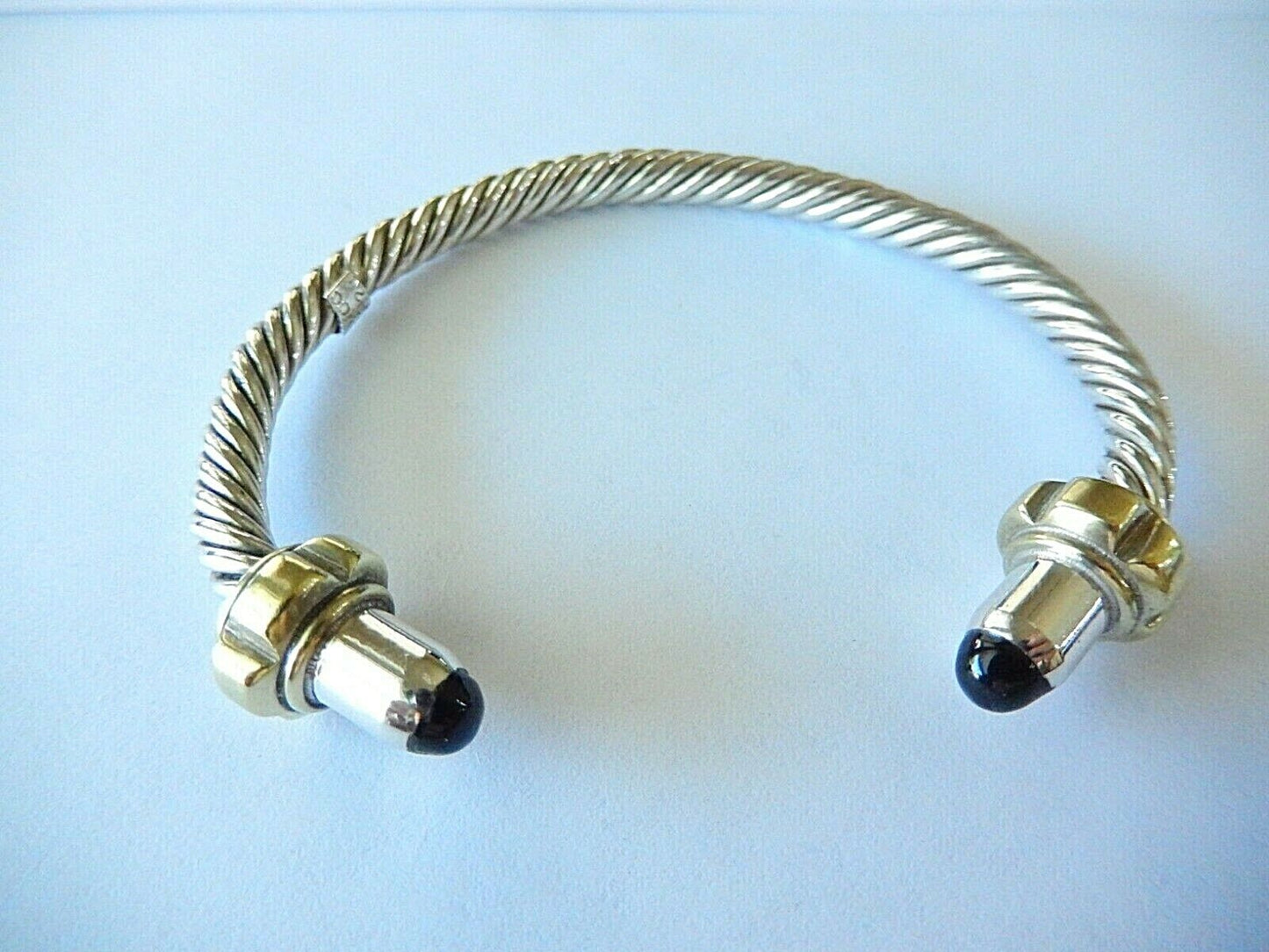 VINTAGE Taxco Mexico Black Onyx Sterling Silver / Brass 5mm Cable Cuff Bracelet