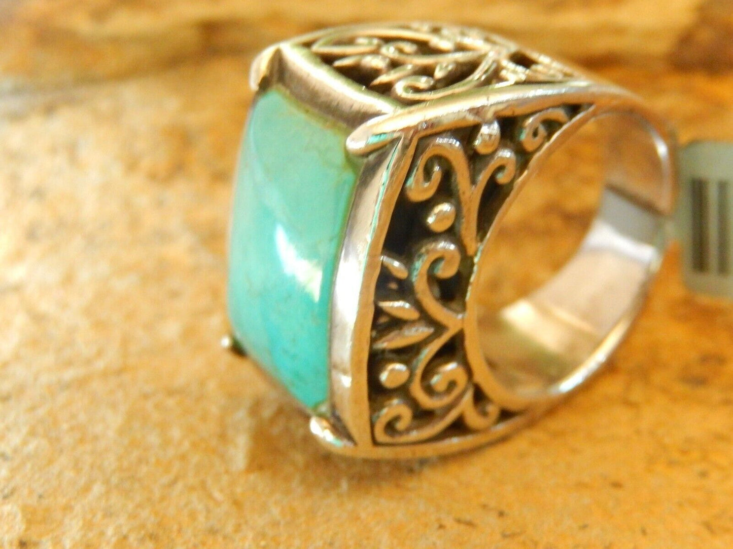 *BARSE* Large Sterling Silver Turquoise Barse Scroll 16g   Ring Size 7