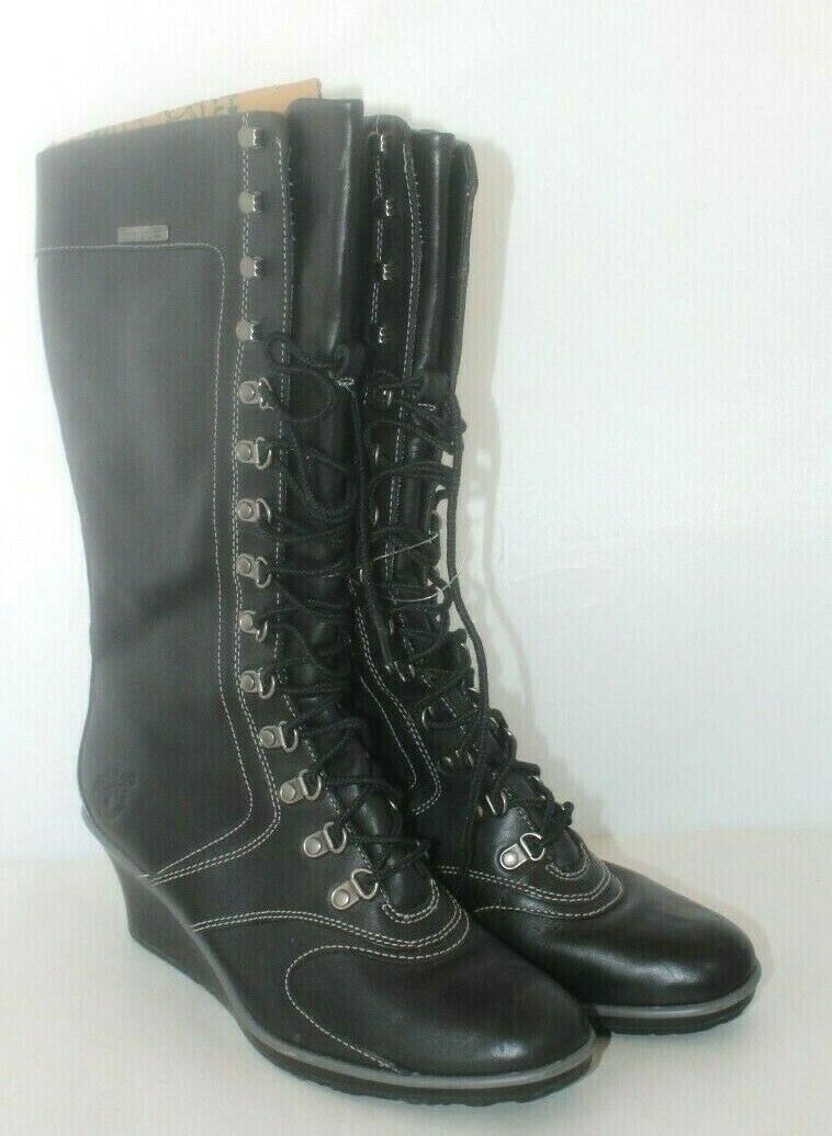 MINT Timberland 89360 Black Leather Lace Up Wedge Knee High Womens Boots sz 7.5M