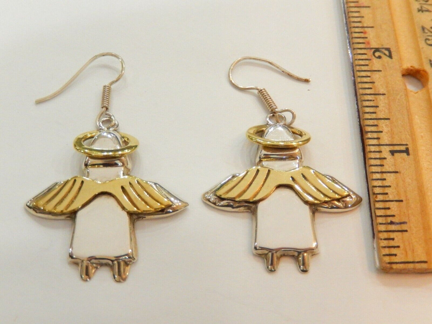 *VINTAGE* STERLING SILVER  ANGEL EARRINGS w/BRASS WINGS & HALO 1.5"