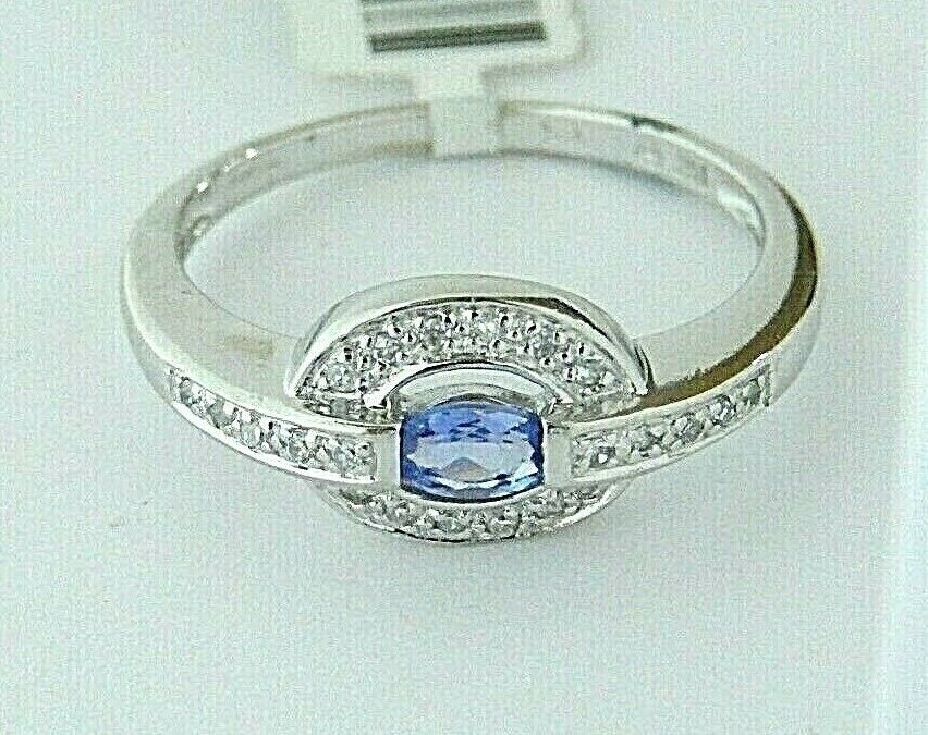 14K White Gold Natural Tanzanite & Diamond Contemporary Modern Ring Sz 10