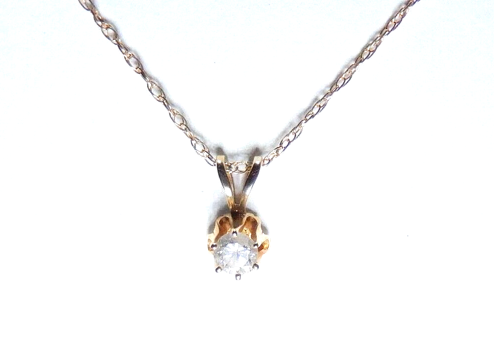 14k Yellow Gold 1/8 Ct Diamond Solitaire Buttercup Pendant 18" Necklace Chain