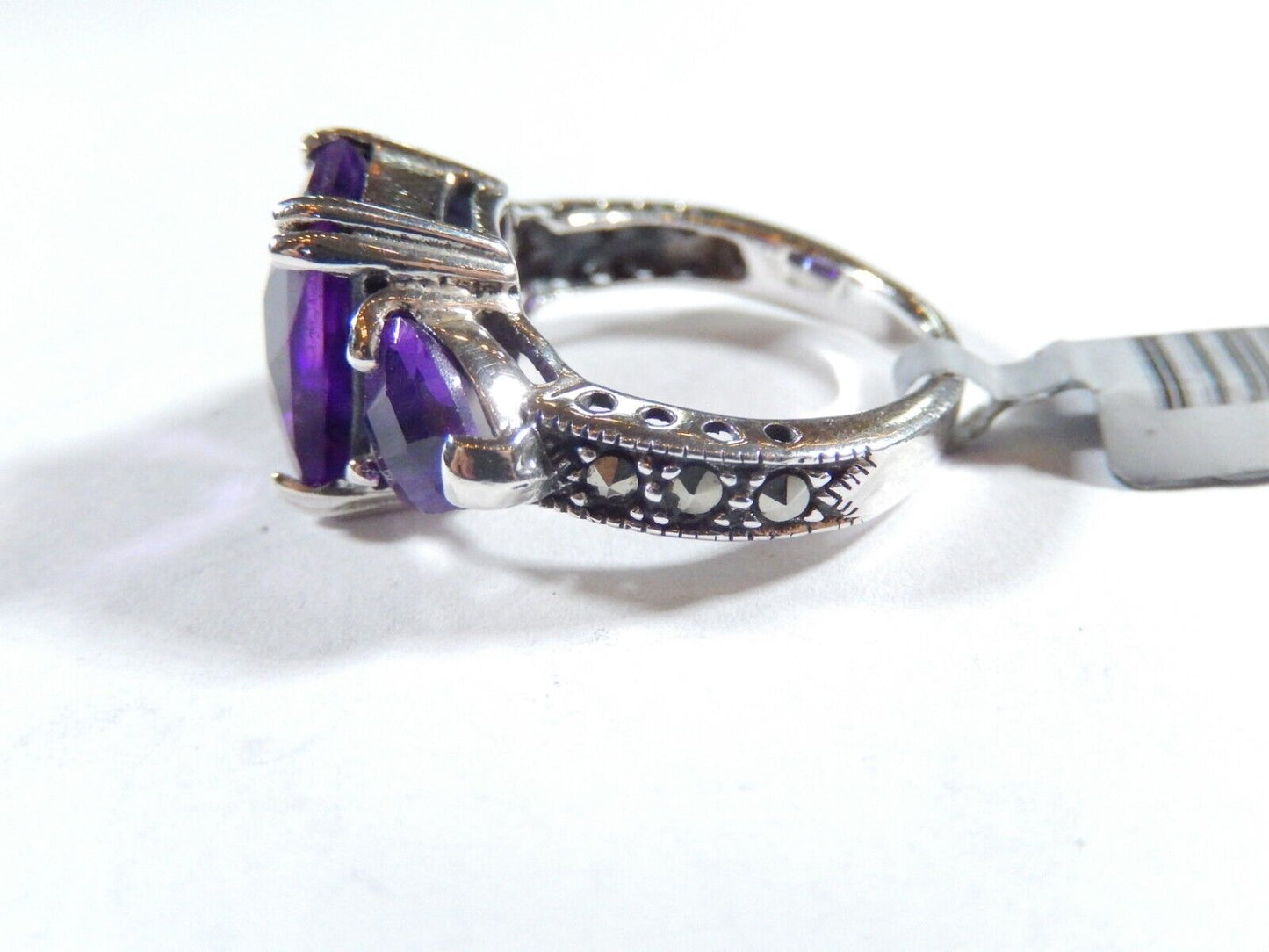 *VINTAGE*  Sterling Silver 8.00 CT Checkerboard Amethyst Three Stone Ring Size 7